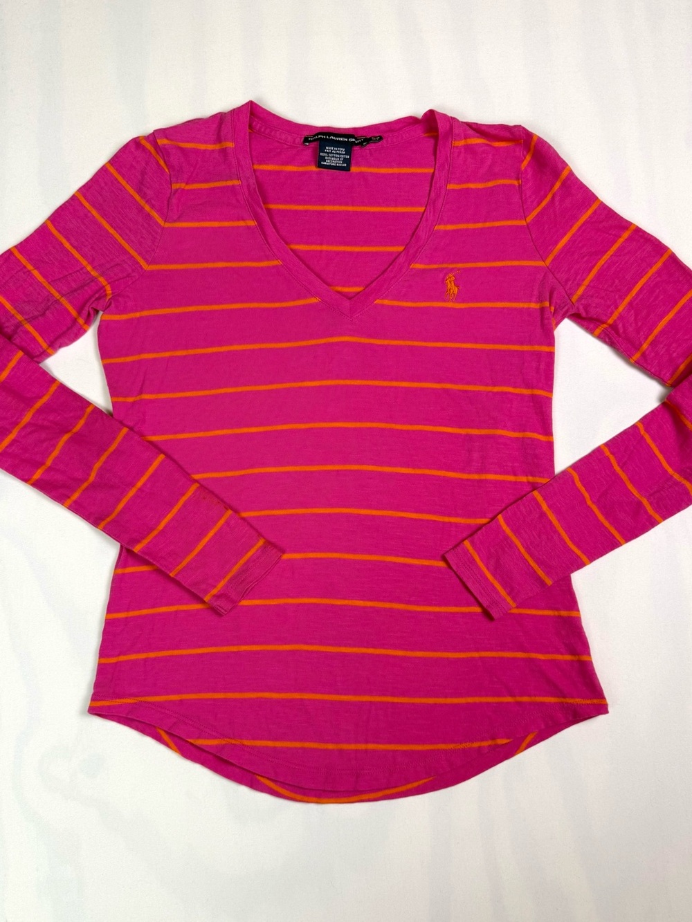 Ralph Lauren Sport Women’s S Pink Orange Striped V Neck Long Sleeve Tee